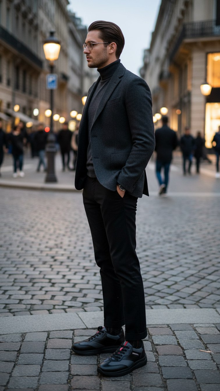 PRADA Мужские кроссовки из телячьей кожи с контрастной перфорацией PRADA Мужские кроссовки из телячьей кожи с контрастной перфорацией